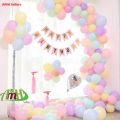 Macaroon Balloons Pastal Color Birthday Theme With Pink Happy Birthday Banner , Arch Making Strip & Macroon Pastal Color Light Colors Balloons Theme. 