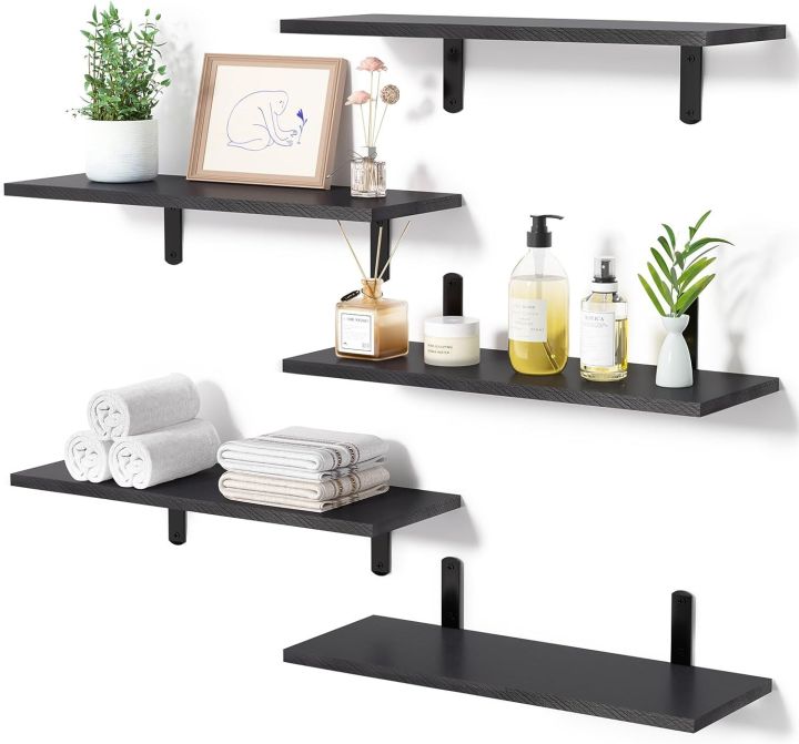 Floating Shelves for Wall Decor Storage, Wall Mounted Shelves Set of 5, Sturdy Small Wood Shelves with Metal Brackets Hanging for Bedroom, Living Room, Bathroom, Kitchen, Book, Dark Brown