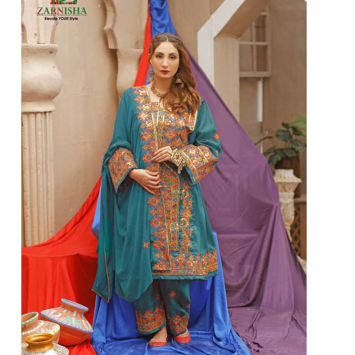 Zarnisha Balochi Embroidery Red Dress Zareecha Collection For Girls / Women