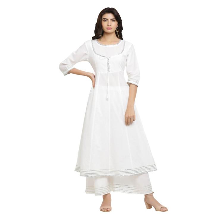 White kalliyan style anarkali frock with plazzo bottom stitched two-piece suit