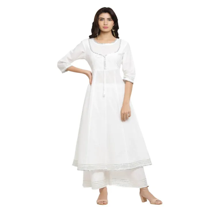White kalliyan style anarkali frock with plazzo bottom stitched two-piece suit