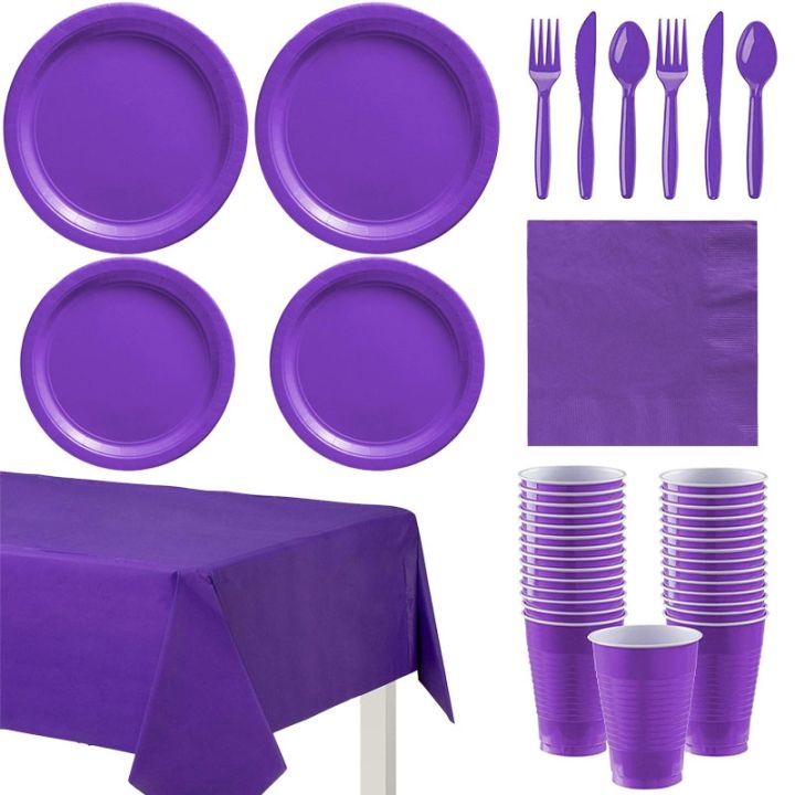 Purple Solid Color Party Set Disposable Plastic Plate Cup Tablecloth