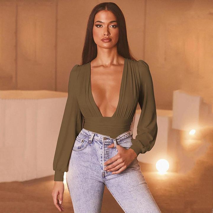 2020 Autumn Winter Rompers Women Jumpsuits  Club V Neck High Waist Solid Bodycon Regular Long Sleeve Female Bodysuits Women