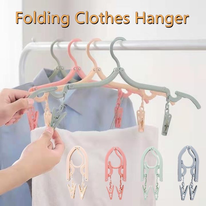 Travel Portable Creative Plastic Hanger Multifunctional Simple Folding Non-slip Clothes Rack with Clips Household Space Saving Storage Tools