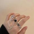 Vintage Black Crystal Heart Chain Ring for Women Simple Open Ring Finger Ring Cuff Set Punk Retro Female Jewelry Gift Accessories. 