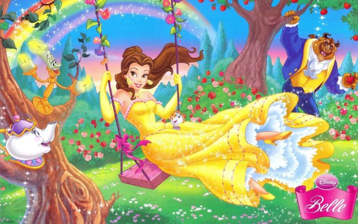 Size: 2 X 1.3 Feet- Disney Princess Belle Swing Flying In Sky With Beast Floral Cartoon Scenery Self Adhesive Skin and Wall Sticker for Bedroom, Girls, Kids, Decor Decoration Lovers  - Printed Multi Color