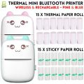 Pocket Inkless Mini Printer - 15 x Sticky Paper Roll & 15 x Thermal Paper Roll - Thermal Portable Bluetooth Wireless Thermal Printer For Kids - For Picture, Office Receipt, Label Note, QR Code - Compatible With IOS & Android - Blue & Pink. 