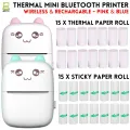 Pocket Inkless Mini Printer - 15 x Sticky Paper Roll & 15 x Thermal Paper Roll - Thermal Portable Bluetooth Wireless Thermal Printer For Kids - For Picture, Office Receipt, Label Note, QR Code - Compatible With IOS & Android - Blue & Pink. 