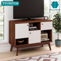 TVUNIT118 - Oak Wood Antique TV Console Brown Polish Finish Entertainment Unit Beige & Walnut Modern Living Room TV Bedroom Furniture Desk. 