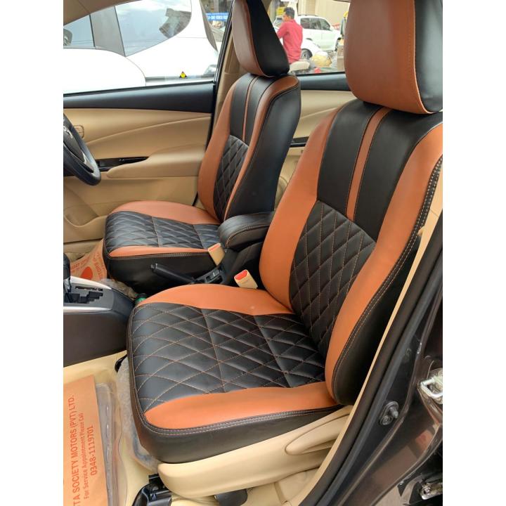 Toyota Yaris Seatcovers Full Design Black and Rust With Rust Stitching