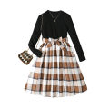 KI Girls Long Sleeves Mock Neck Dress Cute Bowknot Colorblock Plaid Pleated Skirt For Girls Birthday Gifts. 