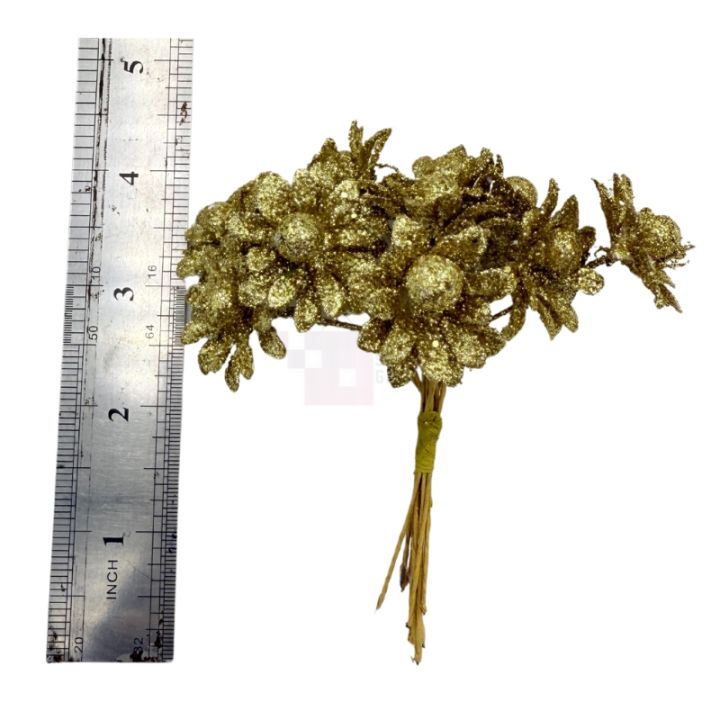 Dazzling Golden Glitter Artificial Flower Bunch - 10 Flowers