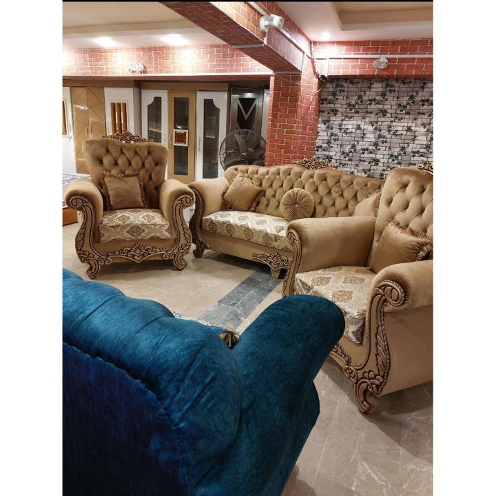 Tufted Royal 7 Seated Sofa Set 3+2+1+1 In Order Velvet Fabric + Printed Seats Tufted Back