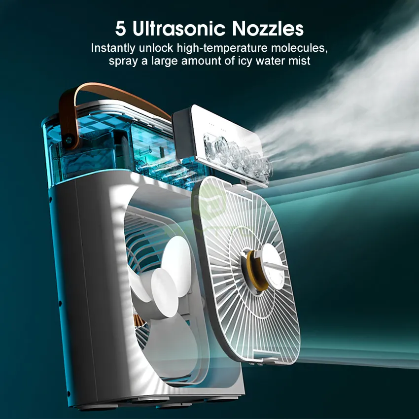 3-in-1 Portable Air Conditioner Fan – Mini USB Desk Cooler with Humidifier, Spray, 7 Lights & 600ML Tank