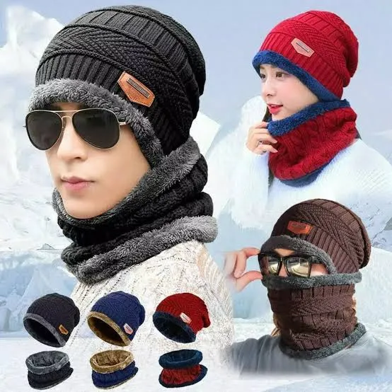 Winter Woolen Beanie Hat and Neck Warmer Set for Men & Women – Knitted ...