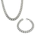 Pack of 2 Silver Stainless Steel Cuban Link Neck Chain and Wrist Bracelet Band for Men / Boys. 