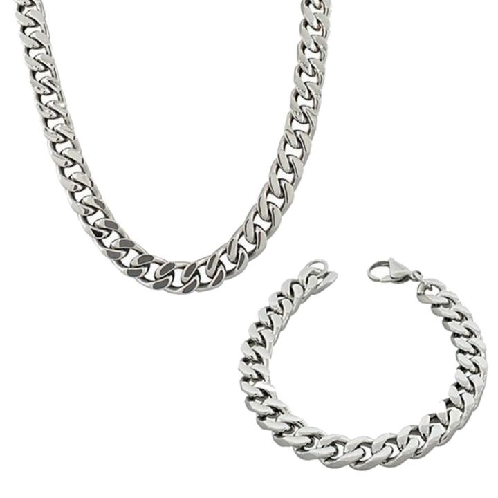 Pack of 2 Silver Stainless Steel Cuban Link Neck Chain and Wrist Bracelet Band for Men / Boys