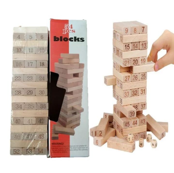 Jenga Wooden Blocks Number and Multicolor 54 Blocks with 4 Dice Stacking Tumbling Tower - Large Size Tower