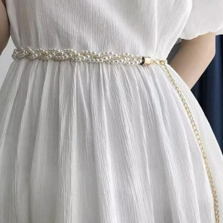 Elegant White Pearls and Golden Chain Belt for Girls, Adjustable