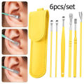 6 Pcs Ear Wax Cleaning Kit, Ear Pick Set,Spring Earwax Cleaner Tool, Reusable Ear Cleaner for Children and Adult Multifunction Portable Personal, Stainless Steel Tool with Portable Fashion Leather Bag- Yellow. 