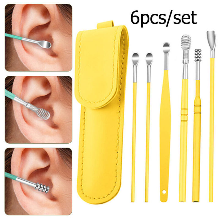 6 Pcs Ear Wax Cleaning Kit, Ear Pick Set,Spring Earwax Cleaner Tool, Reusable Ear Cleaner for Children and Adult Multifunction Portable Personal, Stainless Steel Tool with Portable Fashion Leather Bag- Yellow