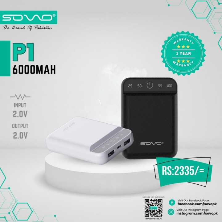 SOVO P1 Power Bank - Mini Power Bank - 6000 mAh- Pocket Size Power Bank - Fast Charging Power Bank - 1 Year Official Warranty - Compatible With All Devices
