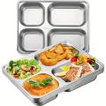 4 Compartments Stainless Steel Plate with Lid, Stainless Steel Rectangular Thali Plate, 4 compartment Thali, Divided Dinner Plate, 4 Compartment Serving Tray, Nuts Tray. 