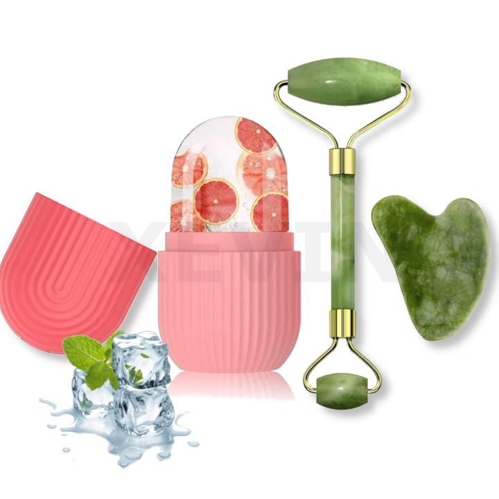 3 in 1 Face Stone Jade Roller Massager with Gua Sha Stone And Ice Roller Set Facial Roller 100% Natural Stone Jade Roller For Skin Eye Neck Body Ice Cube