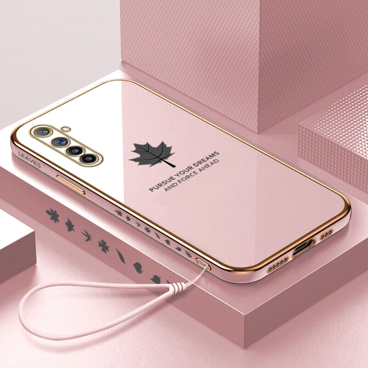 FELMYST With Free Free Lanyard For Realme Narzo Luxury Square Maple Leaf Plating Silicone Mobile Phone Case Electroplated Protector Soft funda Cover For Girl Men