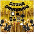 Happy Birthday Decoration Set for Birthday Party Celebration Happy Birthday card banner, Foil curtains, Golden and black Balloons Best Happy Birthday Theme Kit for (Boys & Girls). 