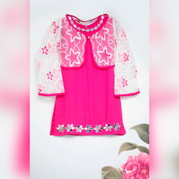 Fancy Stitched Dress for Baby Girls - Pink and White shirt with net jacket and trouser