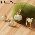 BLACK ANGEL Jade Rabbit Jewelry Set Khotan Jade Ring Ancient Gold Inlaid Chalcedony Necklace Stud Earrings Cute Bunny Pendant. 