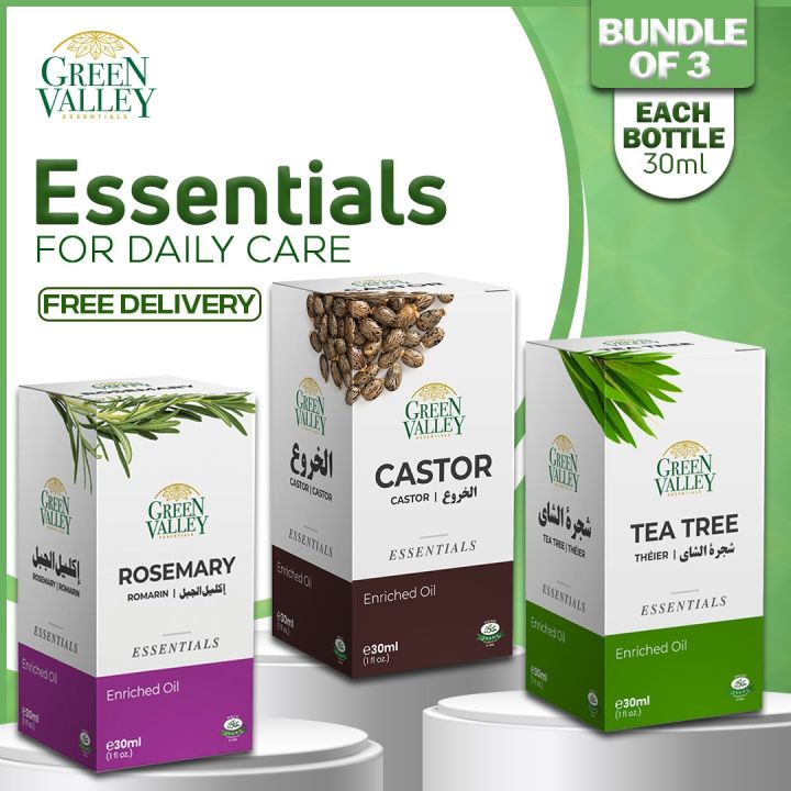 Green Valley Pack of 3 Oils , Rosemary Oil, Tea Tree Oil, Castor Oil , For Hair Growth & Dandruff , 30ml Each Bottle