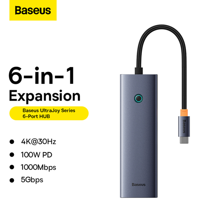 Baseus UltraJoy Series 6-Port HUB Docking Station Space Grey（Type-C to HDMI4K@30Hz*1+USB 3.0*3+PD*1+RJ45*1 - Baseus Hub - Type c to hdmi | BAseus Type c to hdmi + pd  + LAN + USB + SD Card | BAseus Type C hub | Baseus  6in1 Hub | Baseus | baseus hub |