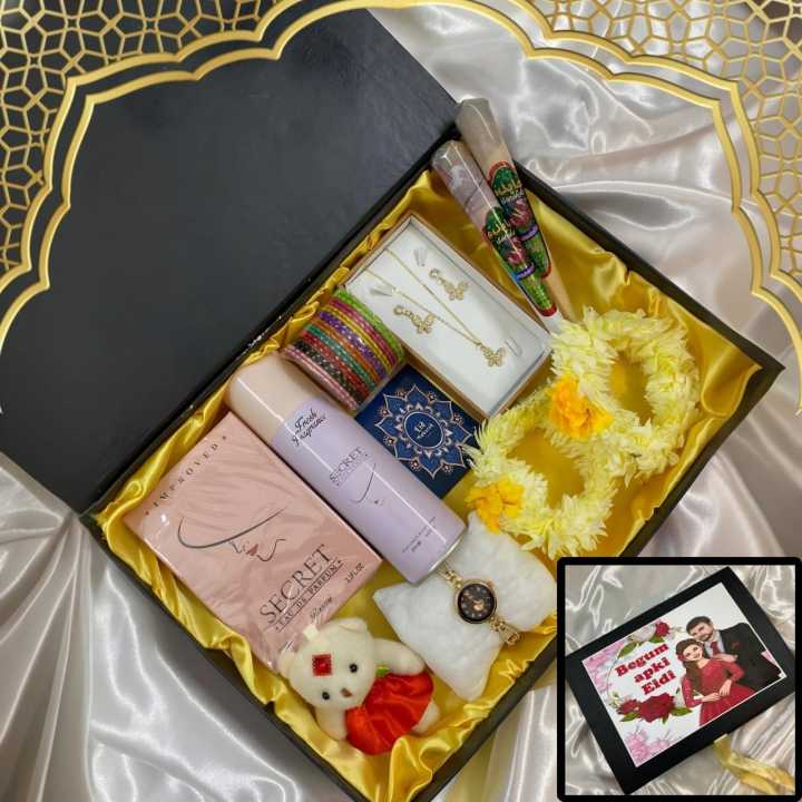begum apki Eidi gift for girls / Eid gift box for women / Apki Eidi special printed gifts boxes - perfume - body spray - watch - butterfly locket set - teddy bear - churi - gajray - mehndi cones / gift for wife - fiance - mother - sister on Eid