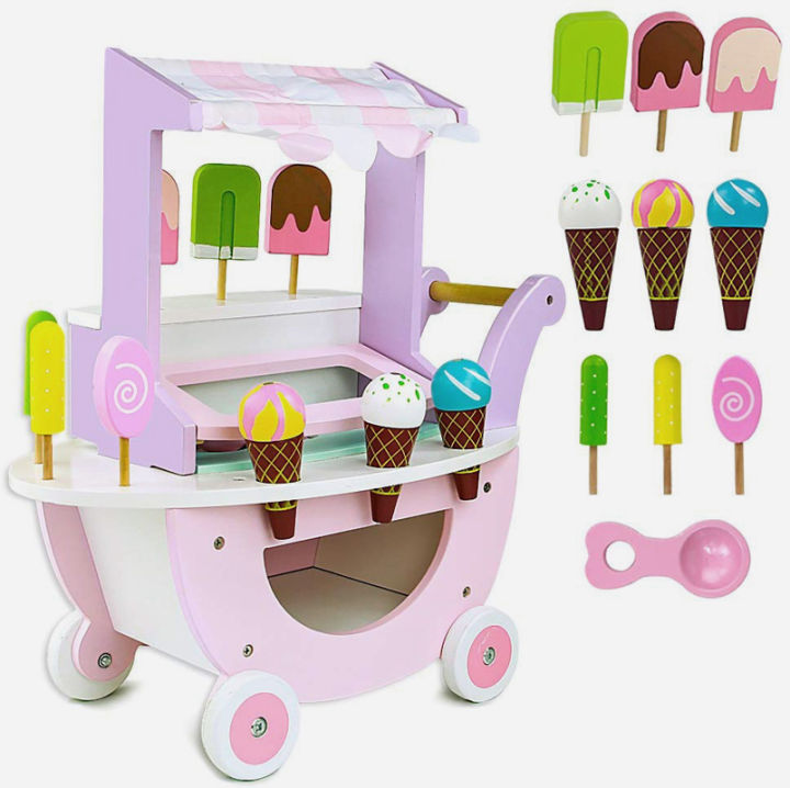 Wooden Learn Ice Cream Cart Toys for Kids, Ice Cream Sweet Treats