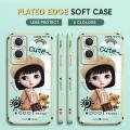(Free Lanyard) Luxury 6D Plating Case for OPPO F21 Pro 5G / Reno7 Z 5G / Reno8 Z 5G Back Cover Cute Satchel Girl Side Pattern Soft Silicone Square Phone Cases. 