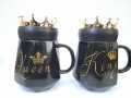 King Queen Ceramic mugs with Crown Lid. 