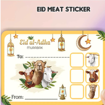 Customize Eid Sticker  | Eid Meat Sticker | Bakra Eid Eid-ul-Adha Mubarak Adhesive Printed Stickers  for Meat Distribution Pack of 6 & 12