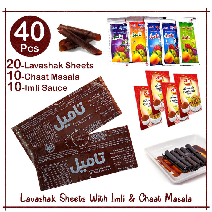 40 Pcs Set - Lavashak Fruit Lather 20 Sheets - 10 Churan Chat Masala Powder - 10 Tamil Imli Souce - Irani Imli Strips Roll Chooran Chaat Masala Khati Methi Sweet Sour Layer Viral Choran Rolls Taili lavashak fruit leather Sauce Candy Sheet Persian snack