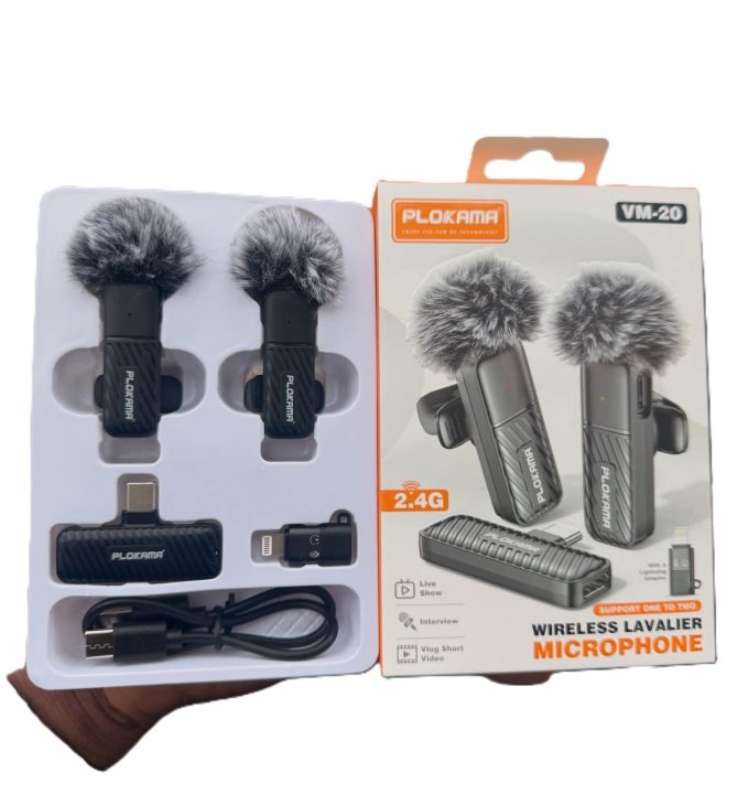 PLOKAMA VM20 Dual Wireless Lavalier Microphone 2.4G Plug and Play Noise Reduction Mic for iPhone Android Camera Vlogging Interview Live Streaming YouTube TikTok Recording Rechargeable Clip Microphone System