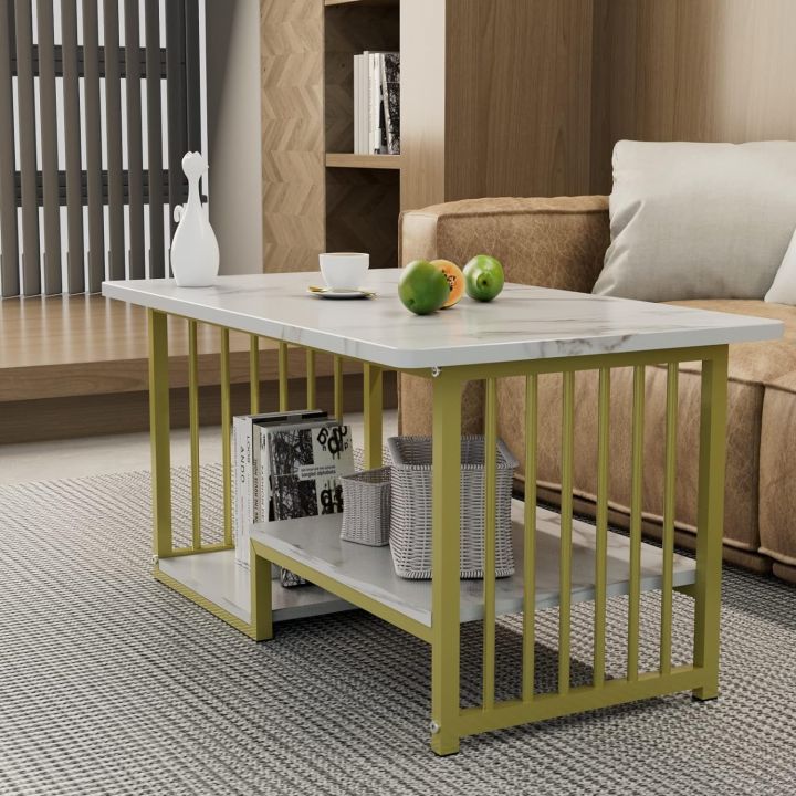 Coffee Table White MDF marble 2-Tiers Large Rectangular Side End Table ...