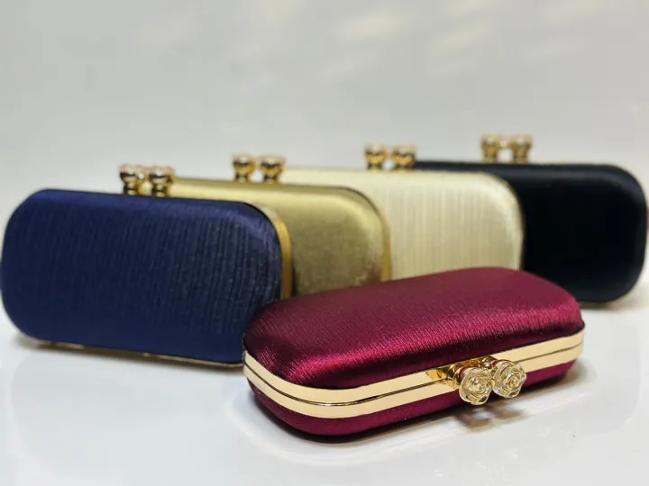 Luxury Silk Oval Clutch for Women | Stone Lock Bridal & Wedding Box Purse | Party Wear Handheld Bag