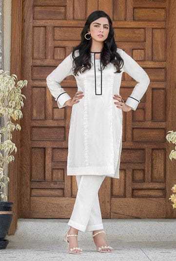 WHITE WITH BLACK ACCENTS 2 PIECE Stitched Dress for Women in pure lawn Trousers for Girls Trousers for ladies fine Stitching Daraz.pk