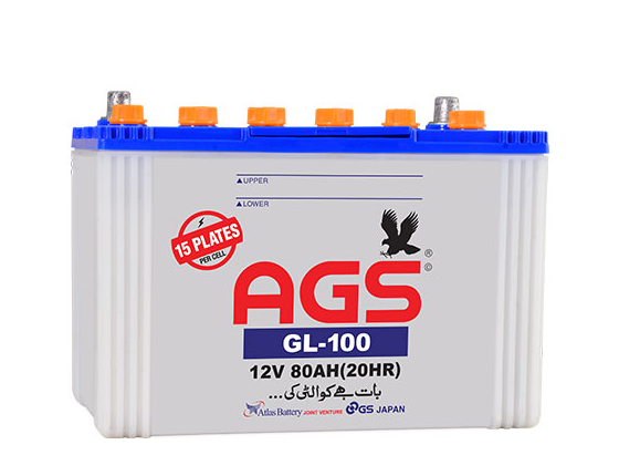 AGS GL100 BATTERY 12 VOLTS 80 AH 15 PLATES SPECIAL DESIGNED FOR UPS SOLAR GENERATORS TRACTOR COASTER BUSES AND MULTI PURPOSE BATTERY