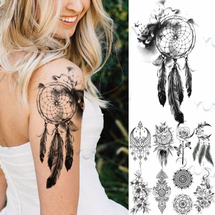 【Good-Love Store】3D Dreamcatcher Feather Temporary Tattoos For Women Thigh Henna Pendant Rose Snake Tatoo Flower Tattoo Sticker