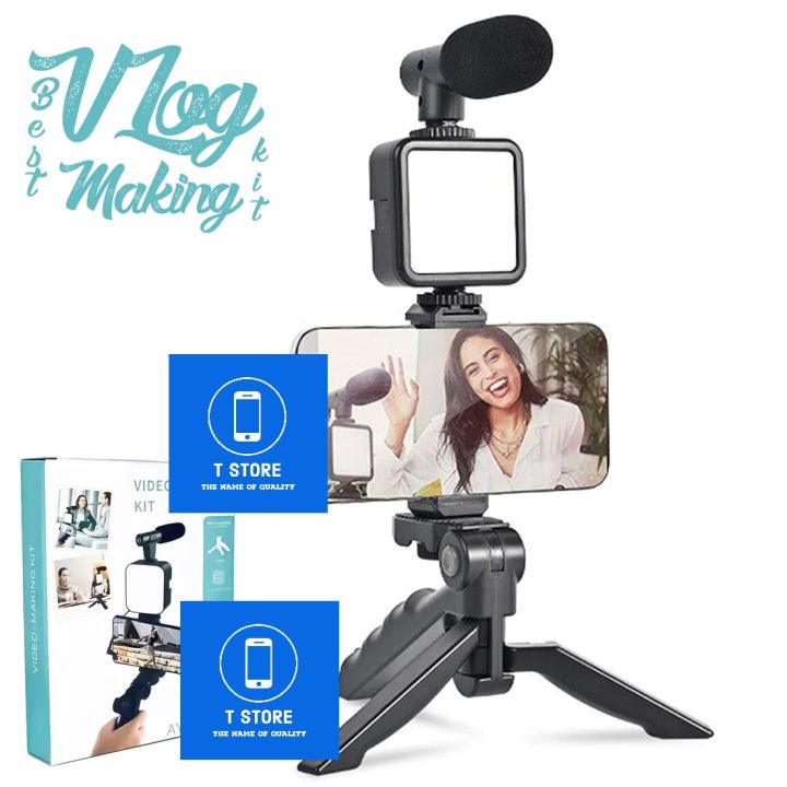 Vlogging Kit with Mobile Holder, Tripod Stand, LED Ring Light, Model AY 49, Microphone, Flexible Tripod, DSLR Camera, and Video Recording Accessories - Ideal for Live Streaming, Short Film, and Video Making for Indoors or Outdoor
