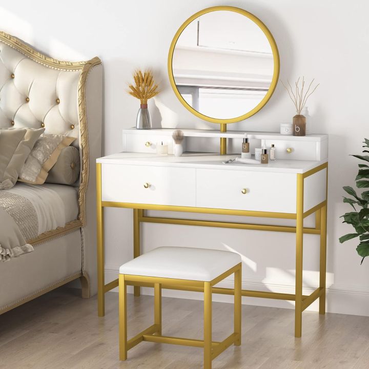 Modern White Gold Makeup Vanity Set with Round Mirror, Cushioned Stool, and 4 Drawers - Dressing Table with Mirror and Tufted Stool, Wooden Dressing, Vanity Table and Stool Set, Dressing Table Dresser Desk