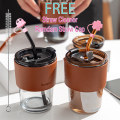 450ml Coffee Glass Mug Cups with Lids and Straws with Leather Sleeve. 