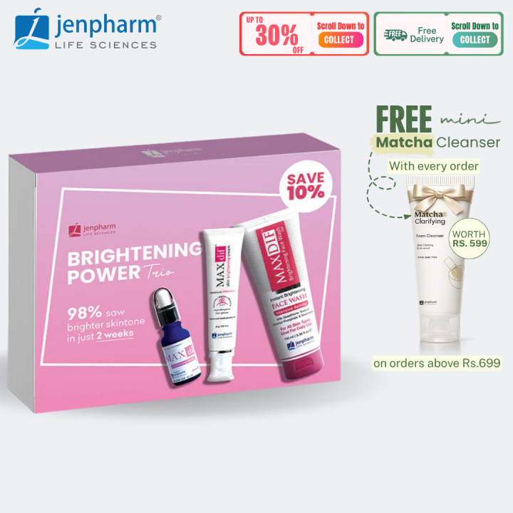 Jenpharm Brightening Power Trio Skincare Set for Women with Vitamin C Serum Hydrating Moisturizer And Exfoliating Scrub